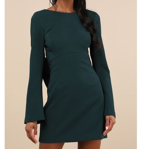 Lulus NWT Elegant Cutie Emerald Bow Bell-Style Long Sleeve Backless Mini Dress - Picture 1 of 8